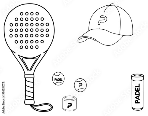 Minimalist padel equipment set in line art style featuring racket, balls, cap, and accessories, clean outline illustration isolated on light background, ideal for sports branding and design use.