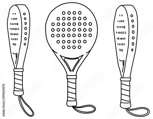 Set of padel rackets in minimalist line art, showing front and side views, clean outline illustration isolated on light background, perfect for sports design, equipment catalogs, and branding.
