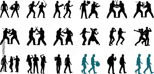 People silhouette collection set with fighting arguing walking and daily activity poses isolated vector illustration human behavior design bundle