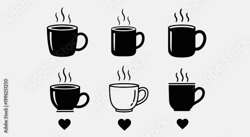 Set of black coffee mug icons with steam showing different styles of cups and mugs, some with solid fill and some with outlines, featuring hearts