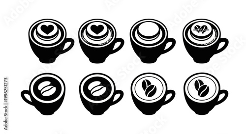 Top view coffee cup icons with latte art designs including hearts and coffee beans for cafe menu decoration and barista skills showcase vector illustration