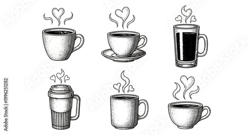 Vintage engraving style coffee cups and mugs with heart shaped steam clouds. Hand drawn ink sketch illustration set for rustic cafe menu and bakery branding
