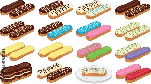 Colorful eclair pastry collection set with various glazed desserts and cream filled bakery sweets isolated vector illustration design