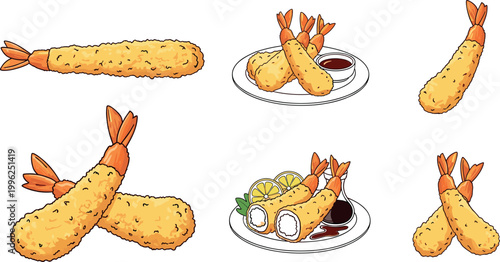 Shrimp tempura collection set with crispy fried seafood pieces and plated dishes isolated vector illustration Japanese food design