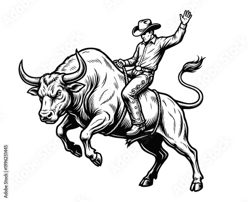 Rodeo cowboy on raging bull, black and white engraving style artwork full of action.