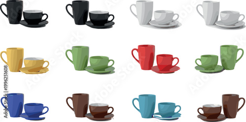 Coffee cup collection set with colorful mugs and cups isolated vector illustration beverage drink ceramic kitchen design elements bundle