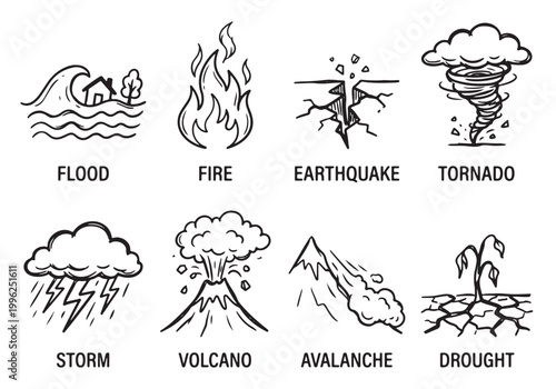 Natural Disaster Doodle Icons Set – Hand Drawn Emergency, Weather and Catastrophe Sketch Collection
