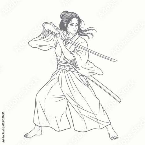 Japanese Warrior Woman Samurai Sword Fighting Pose Line Art