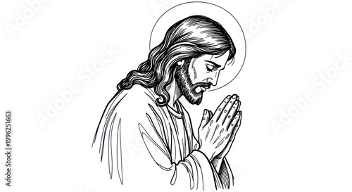 Jesus Christ praying, religious illustration, halo, sketch style