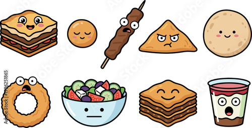 Cute Kawaii Food Characters Set with Sandwich, Donut, Skewer, Samosa, Salad Bowl, Pancakes and Dessert Drink Cartoon Vector Illustration Collection
