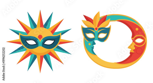 Venetian carnival mask icon set with sun and moon celestial details, white background, vector Illustration