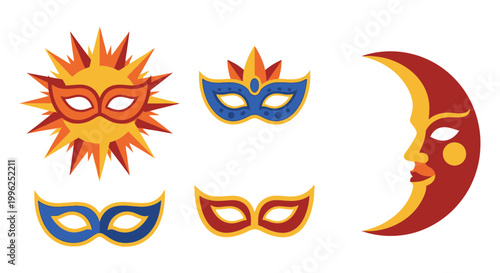 Venetian carnival mask icon set with sun and moon celestial details, white background, vector Illustration