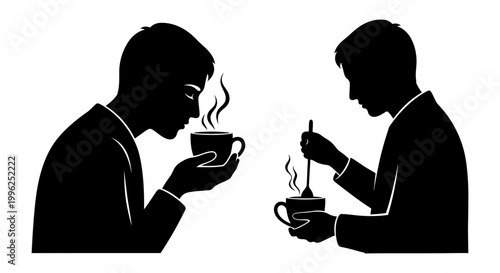 Coffee break icon set with man drinking and stirring hot beverage, black silhouette, white background, vector Illustration