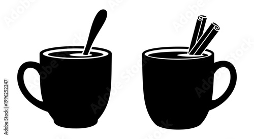 Coffee cup icon set with spoon and cinnamon sticks, black solid silhouette, white background, vector Illustration