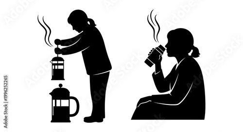 Coffee brewing and drinking icon set with french press silhouette, white background, vector Illustration
