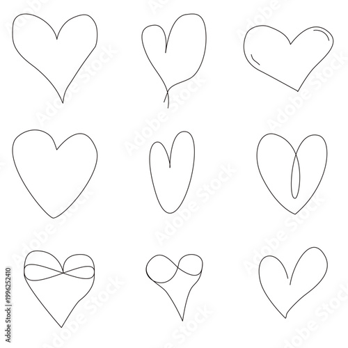 Hand-drawn heart collection in minimalist line art style. Black ink doodle hearts and romantic elements isolated on transparent background. Vector set for wedding and valentine design.

