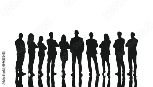 Businesspeople stand in a professional row with arms crossed to demonstrate confidence and team unity.