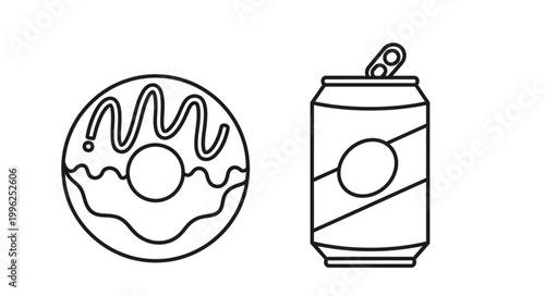 Simple Line Art of a Donut and a Soda Can.