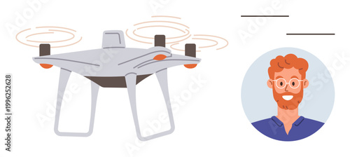 quadcopter delivery, aerial photography, surveillance, personal technology, innovation, connectivity. A quadcopter Quadcopter next to a smiling man. Drone delivery and personal technology concept