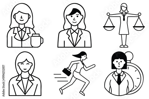 Businesswoman icon set featuring different actions like running working and holding coffee in professional setting.