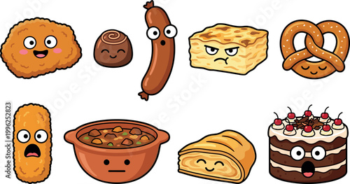 Cute Kawaii Food Characters Set Featuring Fried Chicken, Chocolate, Sausage, Lasagna, Pretzel, Croquette, Stew, Croissant and Cake Cartoon Vector Illustration Collection
