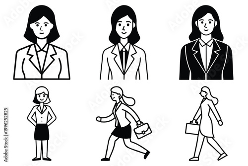 Collection of female business icons for professional settings showing women in suits and various business poses.
