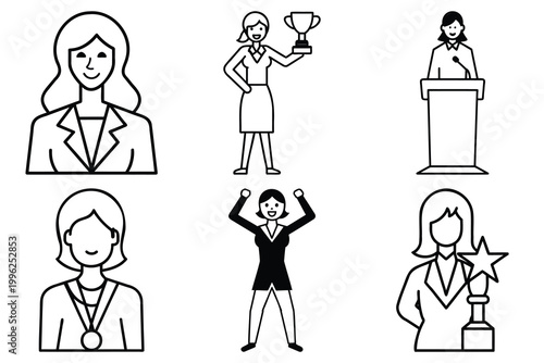 Professional women icons vector illustration set depicting various corporate leadership business achievement and successful office career roles.