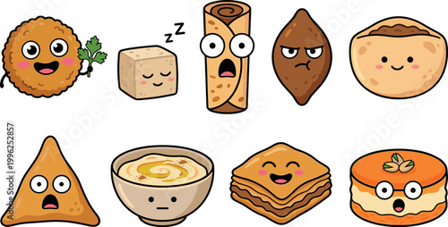 Cute Kawaii Middle Eastern Food Characters Set Featuring Falafel, Sugar Cube, Shawarma Wrap, Kibbeh, Hummus, Samosa, Flatbread, Baklava and Kunafa Cartoon Vector Illustration