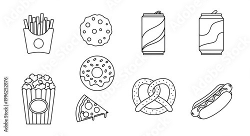 Collection of fast food and drink icons in outline style.
