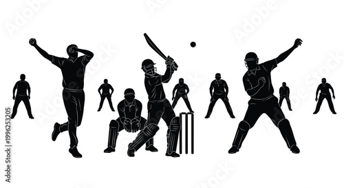 Cricket players in action a batsman hitting with fielders around silhouette