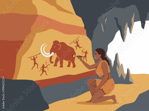 A primitive scene showcasing a caveman painting a mammoth on a cave wall, highlighting the early expressions of creativity and storytelling by our ancestors.