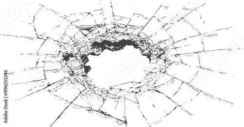 Shattered and broken glass window with sharp cracks and bullet hole impact texture graphic isolated vector illustration. 