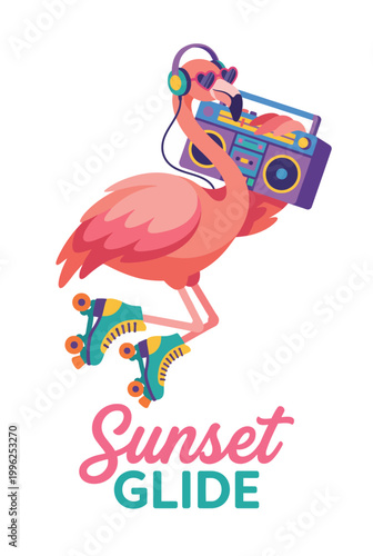 A lively and fun illustration of a flamingo wearing roller skates and headphones while holding a boombox, symbolizing joy and freedom in a vibrant artistic style.