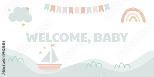 A delicate horizontal banner for a baby shower featuring clouds, a rainbow, and a little boat