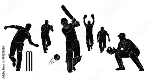 Cricket players in action including a batsman and fielders silhouette