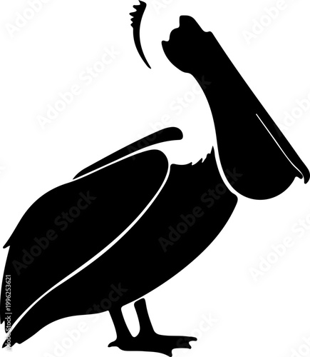 Silhouette of a pelican bird with its beak open and wings folded