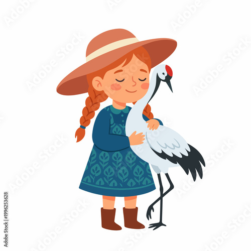 A young girl in a lovely dress joyfully embraces a crane, symbolizing innocence and a bond with nature, set against a harmonious and colorful backdrop of warm colors.