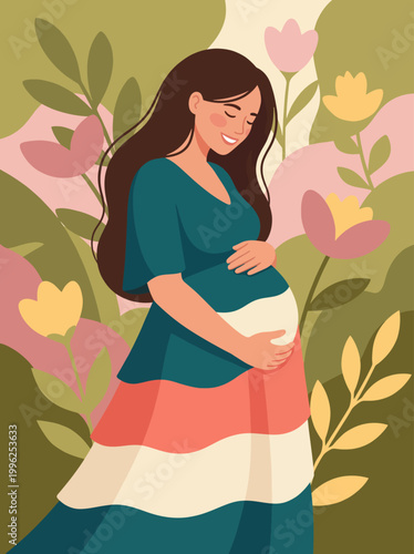 A vibrant illustration showcasing a happy pregnant woman gently cradling her baby bump amidst blossoming flowers, symbolizing love, joy, and anticipation of motherhood.