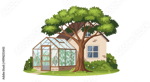 Greenhouse next to house with tree and garden, illustration