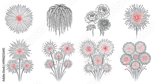 Firework Illustrations Collection: Festive Explosions and Rose Drawings
