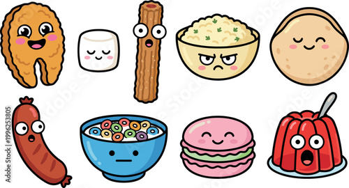 Funny food characters with expressive emotions for children’s games, playful sticker packs, branding mascots, and creative culinary design projects