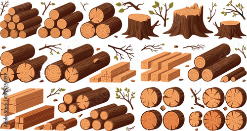 Wood logs and timber vector set with tree trunks stumps branches and lumber materials forestry illustration collection isolated design
