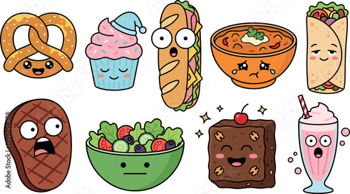Whimsical food characters with expressive emotions for children’s activity books, playful sticker packs, branding mascots, and creative culinary design projects
