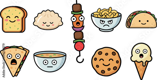 Playful food characters with expressive emotions for children’s activity sheets, sticker packs, branding mascots, and creative culinary design projects