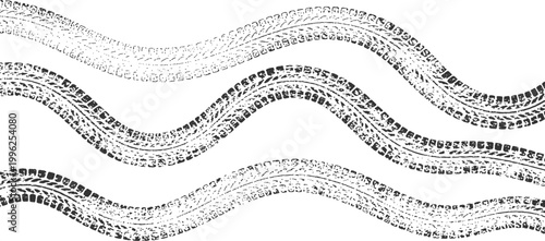 Grunge wavy tire tracks prints, and black dirt wheel trails set on white background vector illustration.