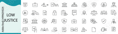 Law and justice icons Set, legal symbols, court, judge, lawyer, police, crime, gavel, scales, document, protection, trial, verdict, vector