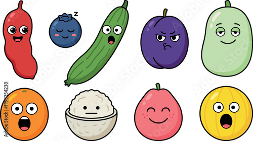 Playful fruit and vegetable characters with emotions for children’s games, sticker collections, branding mascots, and creative educational design projects