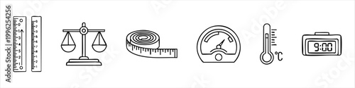 Hand-drawn Measurement Tools Icons Set. Vector Doodle Illustrations of Ruler, Balance Scale, Measuring Tape, Pressure Gauge, Thermometer, and Digital Clock for Science and Education.