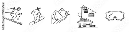 Set of Minimalist Winter Sports and Ski Resort Icons Featuring Skier, Snowboarder, Mountains, Chalet, and Goggles