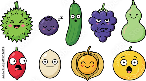 Funny fruit and vegetable faces with emotions for children’s activity sheets, playful sticker packs, branding mascots, and creative design projects